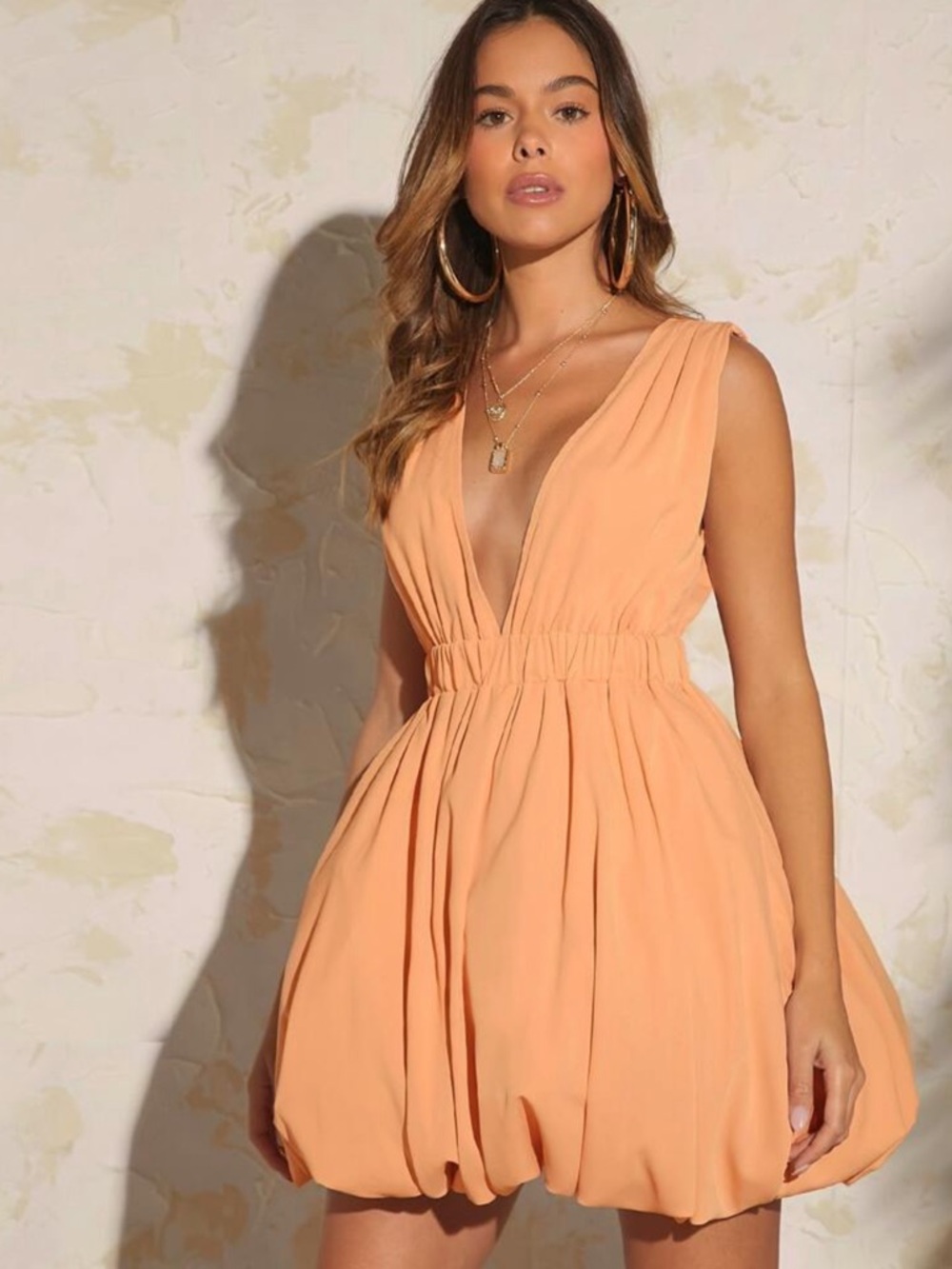 Sleeveless V-Neck Orange Bubble Hem Dress - Picture 4 of 6